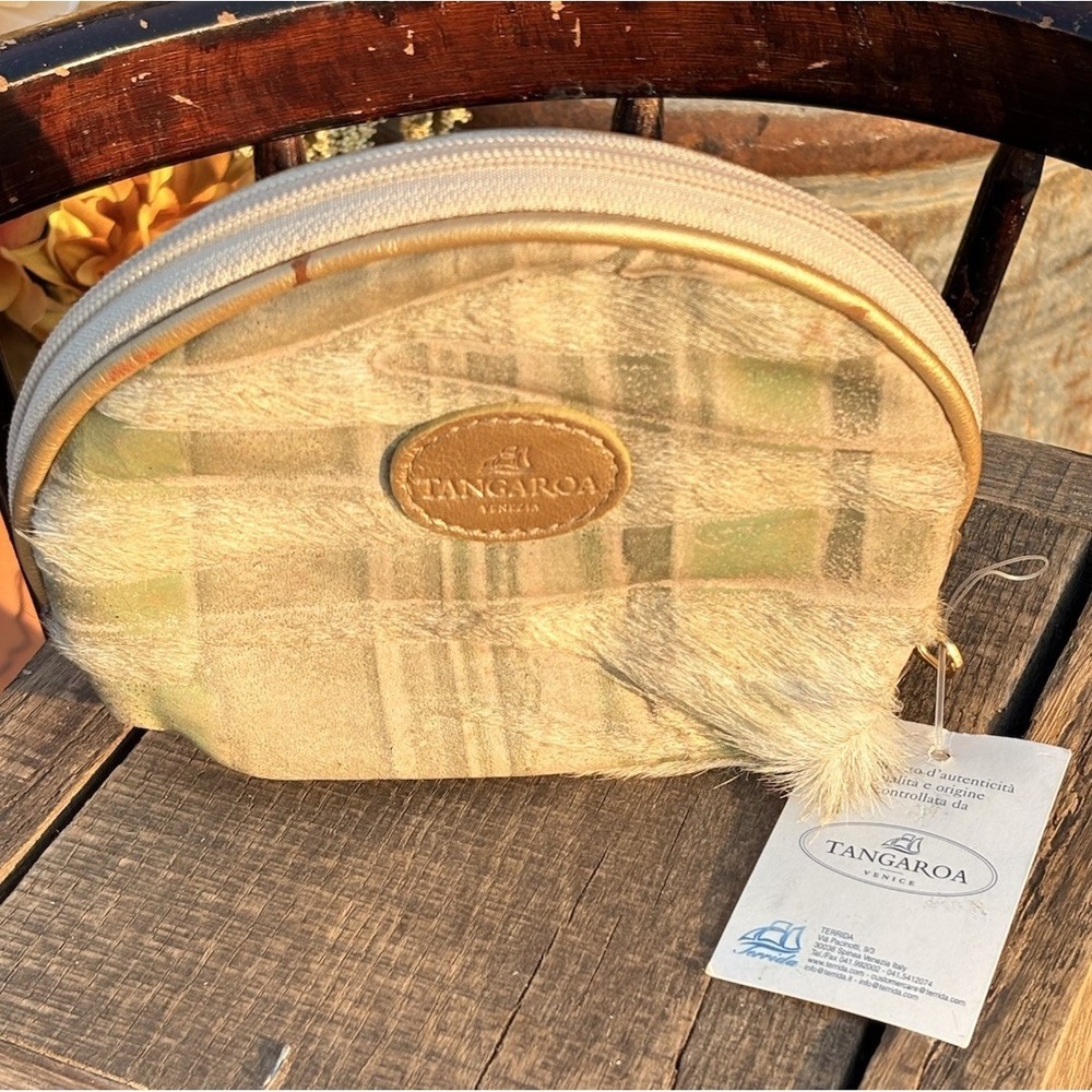 NWT Terrida Tangaroa Venice Leather And Hair On Hide Cosmetic Bag Plaid Sage Tan